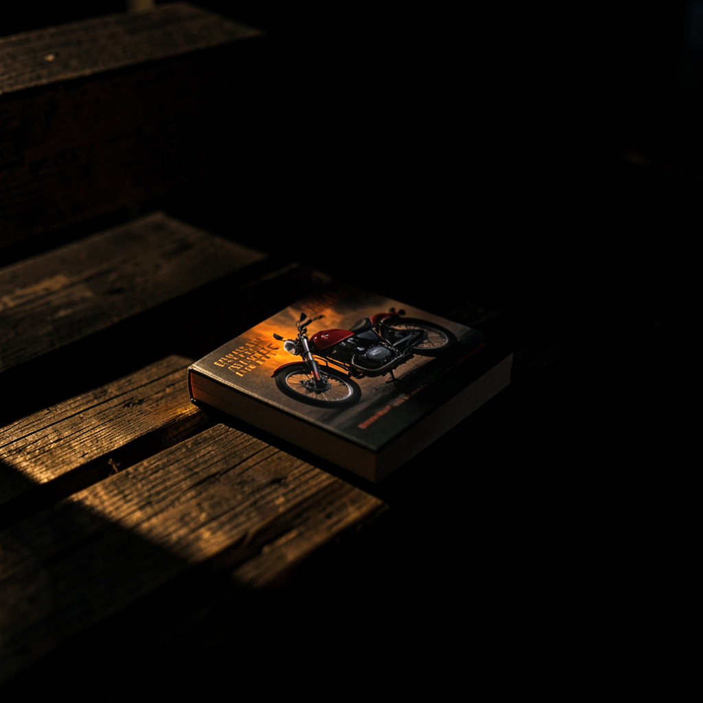 A dark, low-key photograph of a mystery novel with a motorcycle on the cover, resting on a wooden bench in deep shadow with a sliver of golden light.
