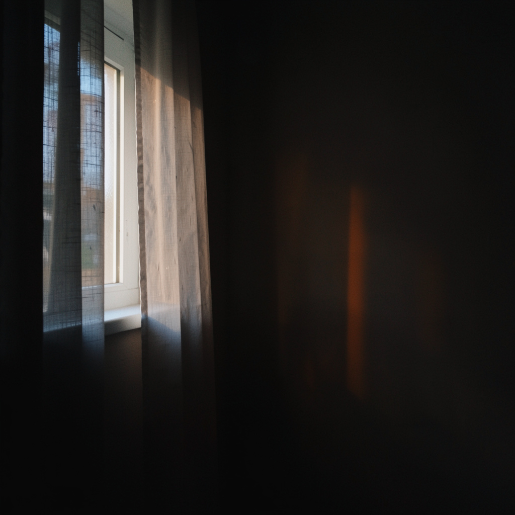 A dark, low-key photograph of a window with soft daylight filtering through sheer curtains, casting gentle shadows across a quiet interior wall.
