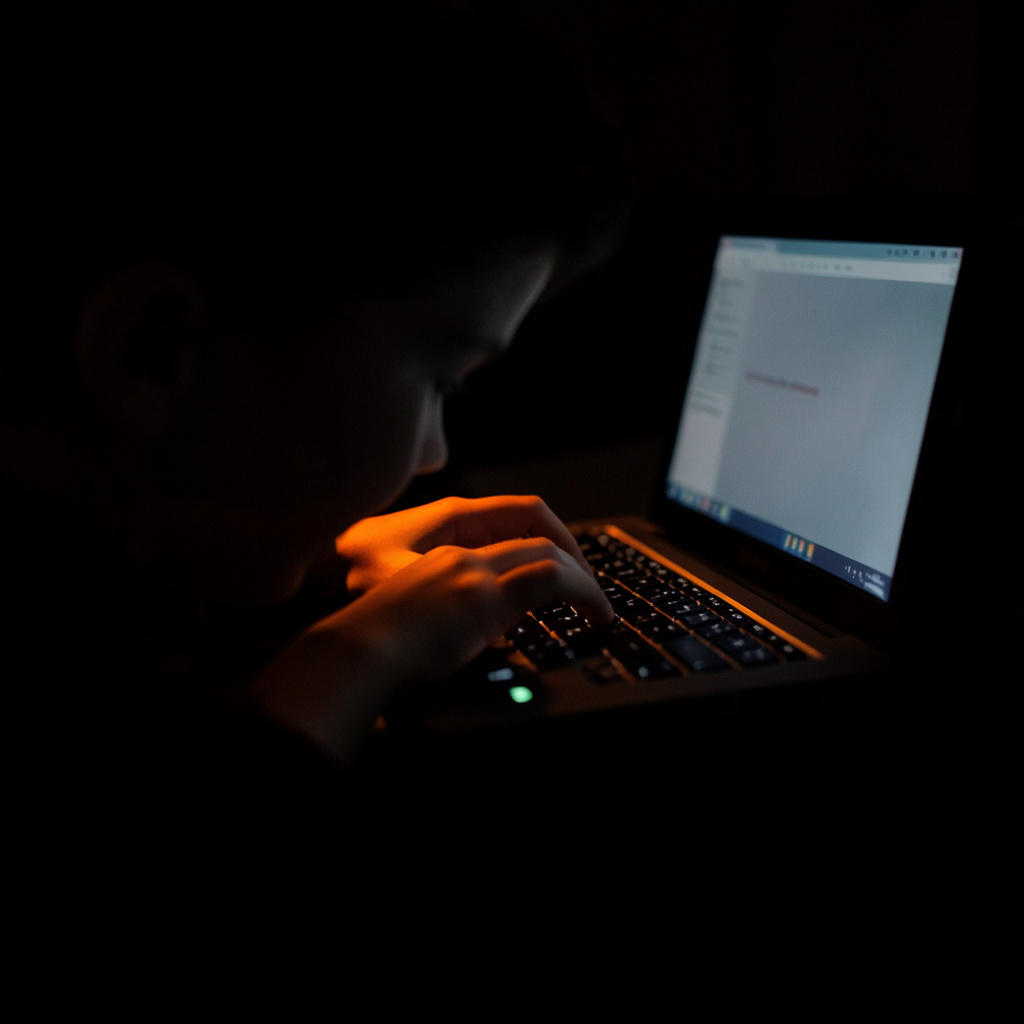 A dark, low-key photograph of a child's hands typing on a laptop keyboard, the screen glow softly illuminating the scene against deep shadow.