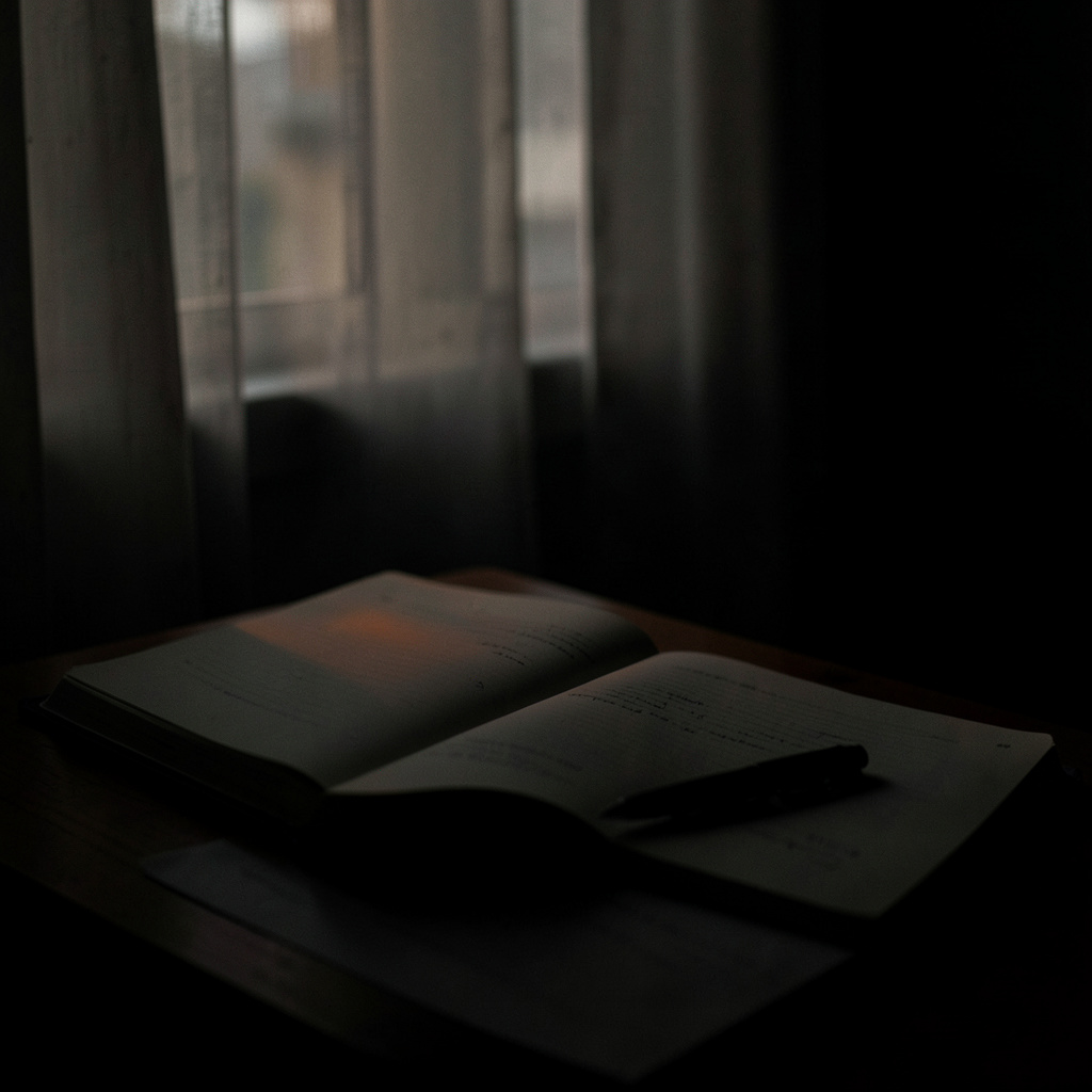 A dark, low-key photograph of a quiet writing desk by a window, deep shadows pooling across an open journal and a pen, with soft muted light filtering through sheer curtains.