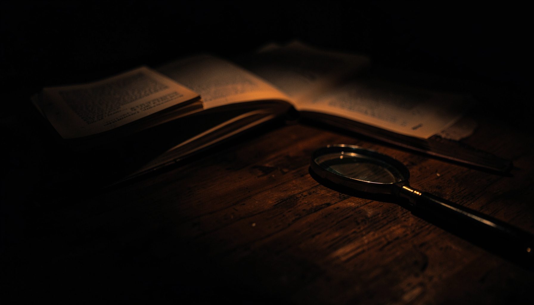 A dark, low-key photograph of a wooden desk with open textbooks, a magnifying glass, and soft shadows pooling across the surface.