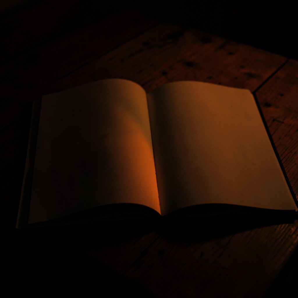 A dark, low-key photograph of an open hardcover book resting on a wooden table, lit by soft warm lamplight with deep shadows pooling around the edges.