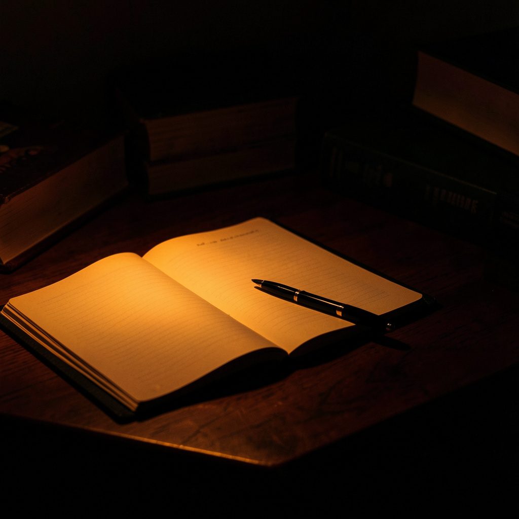 A dark, low-key photograph of a wooden desk with an open notebook, a pen, and a stack of books in deep shadow, warm amber light pooling across the surface.