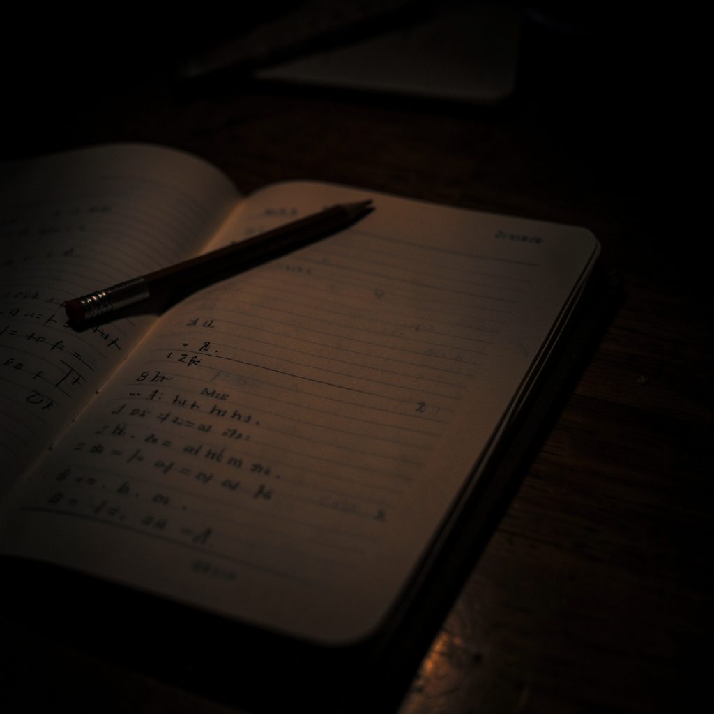 A dark, low-key photograph of a math workbook with pencil and eraser on a wooden table, deep shadows around the edges and soft light on the page.