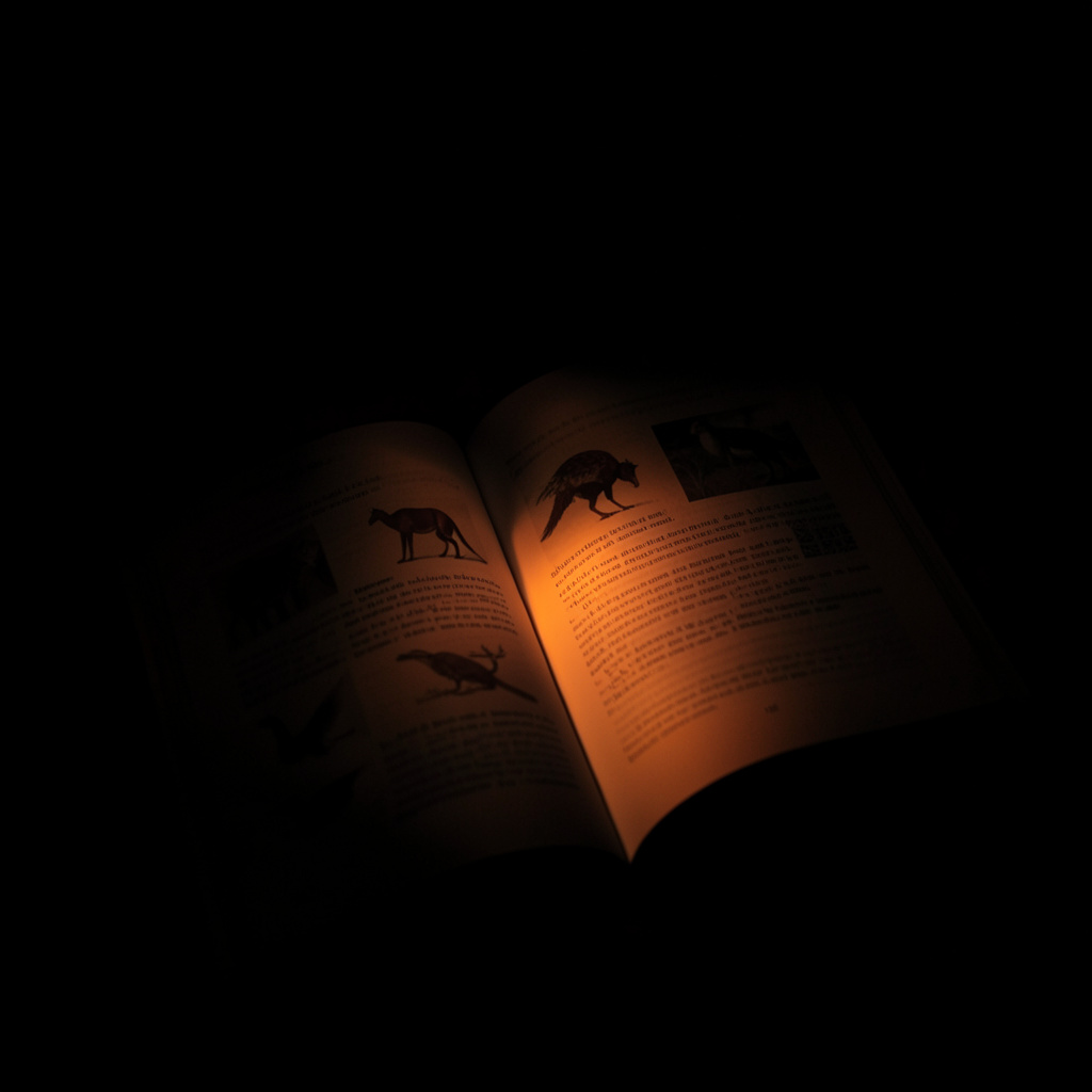 A dark, low-key photograph of a hardcover science book open to a page about animals, surrounded by deep shadow with a sliver of warm light across the pages.